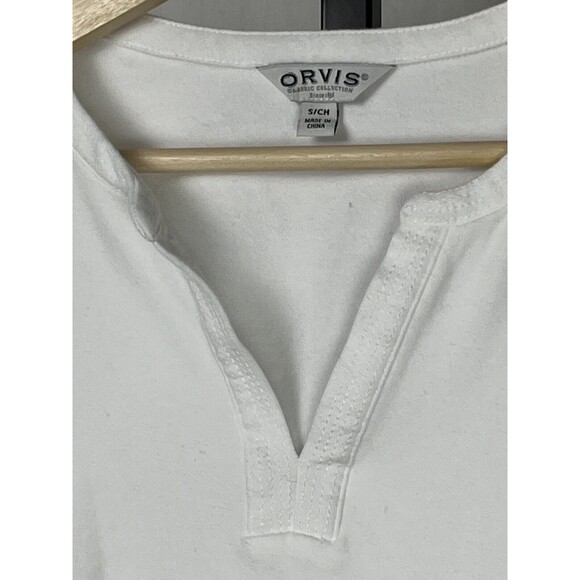 Orvis Top Elbow Sleeve T Shirt V Neck White Cotton Tee Small Logo Classic Preppy - Picture 3 of 4